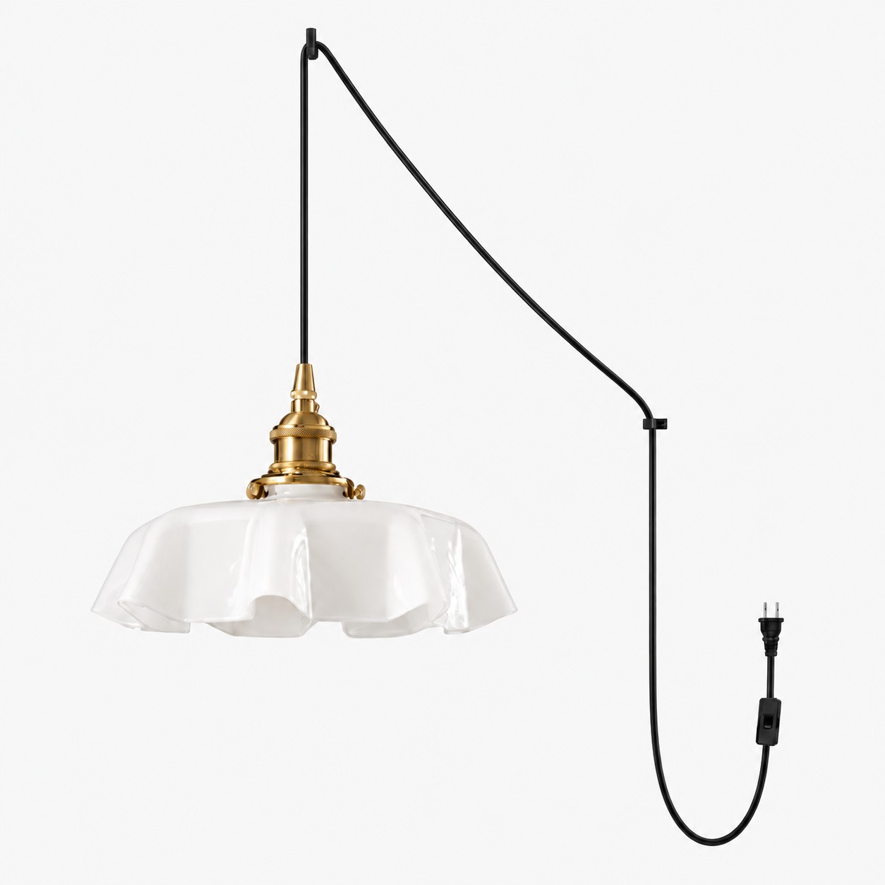 Pleated Glass Antique Brass Plug-In Swag Pendant