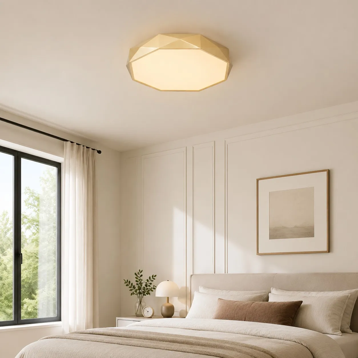 Gold faceted ceiling light installed in a warm bedroom