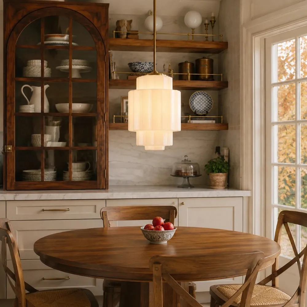 Antique Brass Tiered Opal White Glass Pendant Light
