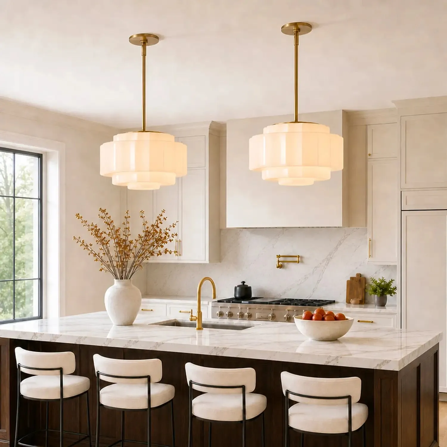 Antique Brass Tiered Opal White Glass Pendant Light