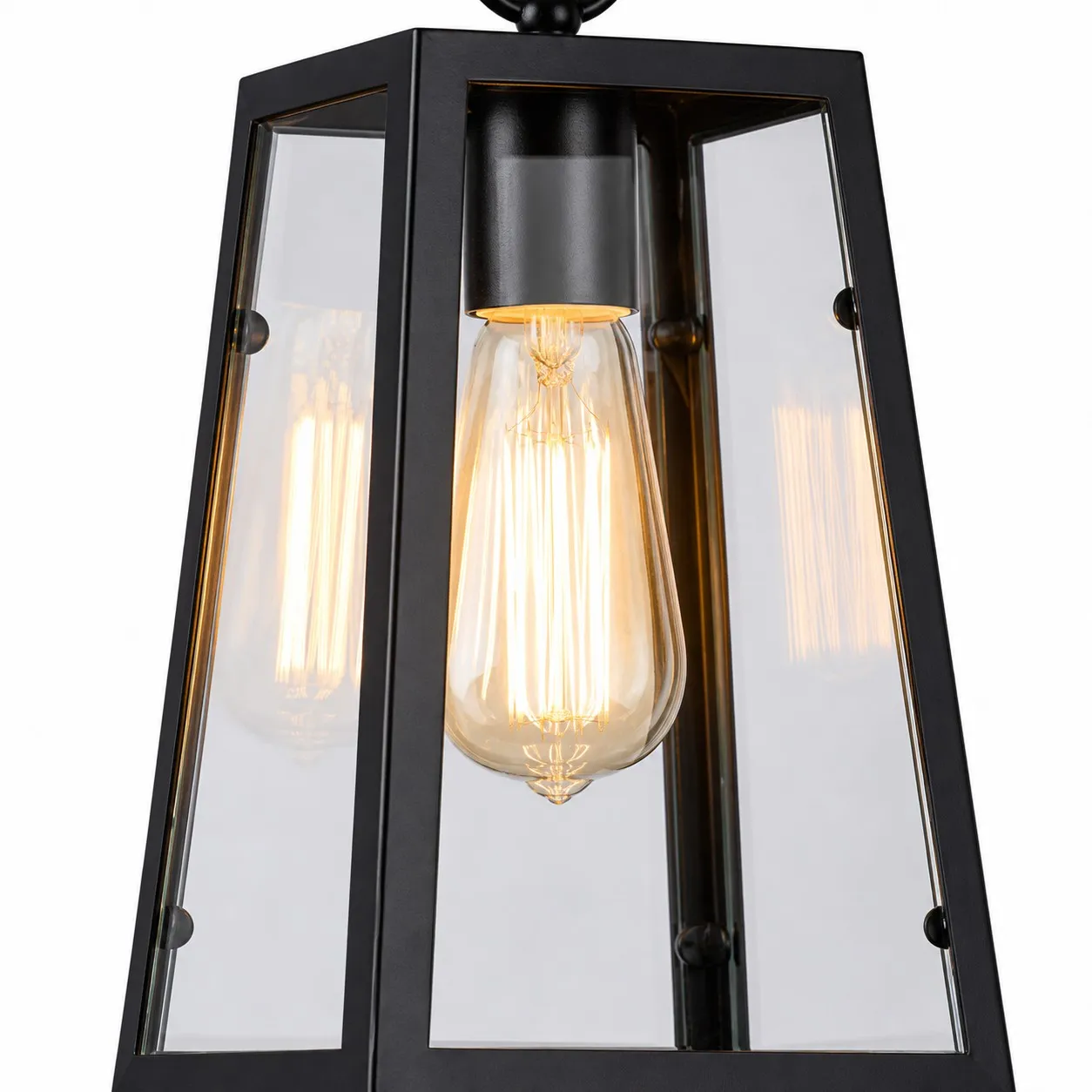 Close view of the black metal and clear glass pendant shade