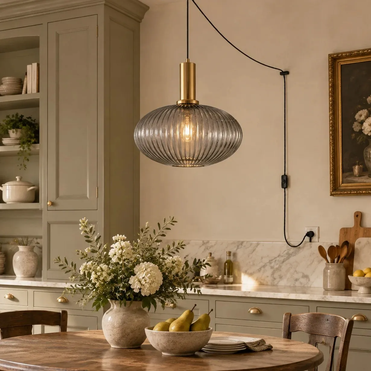 Retro ribbed glass plug-in pendant light in a home interior