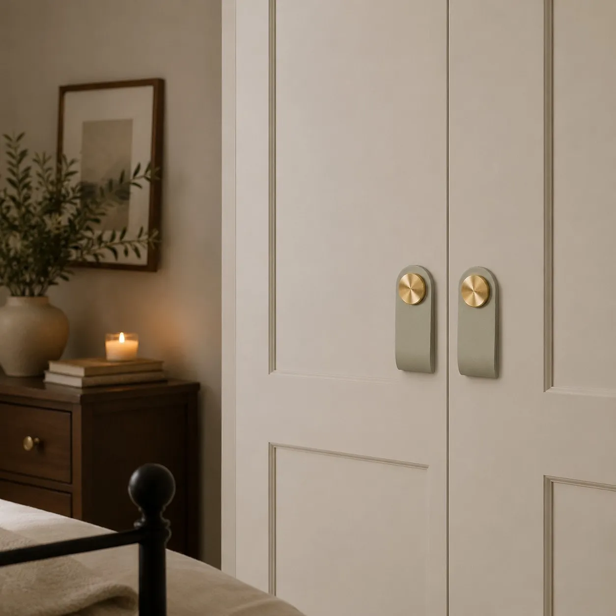 Cowhide leather and brass cabinet pull handle detail and lifestyle image