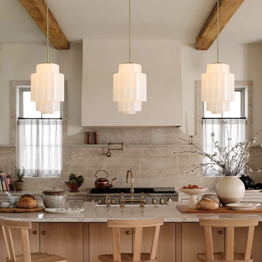 Antique Brass Tiered Opal White Glass Pendant Light