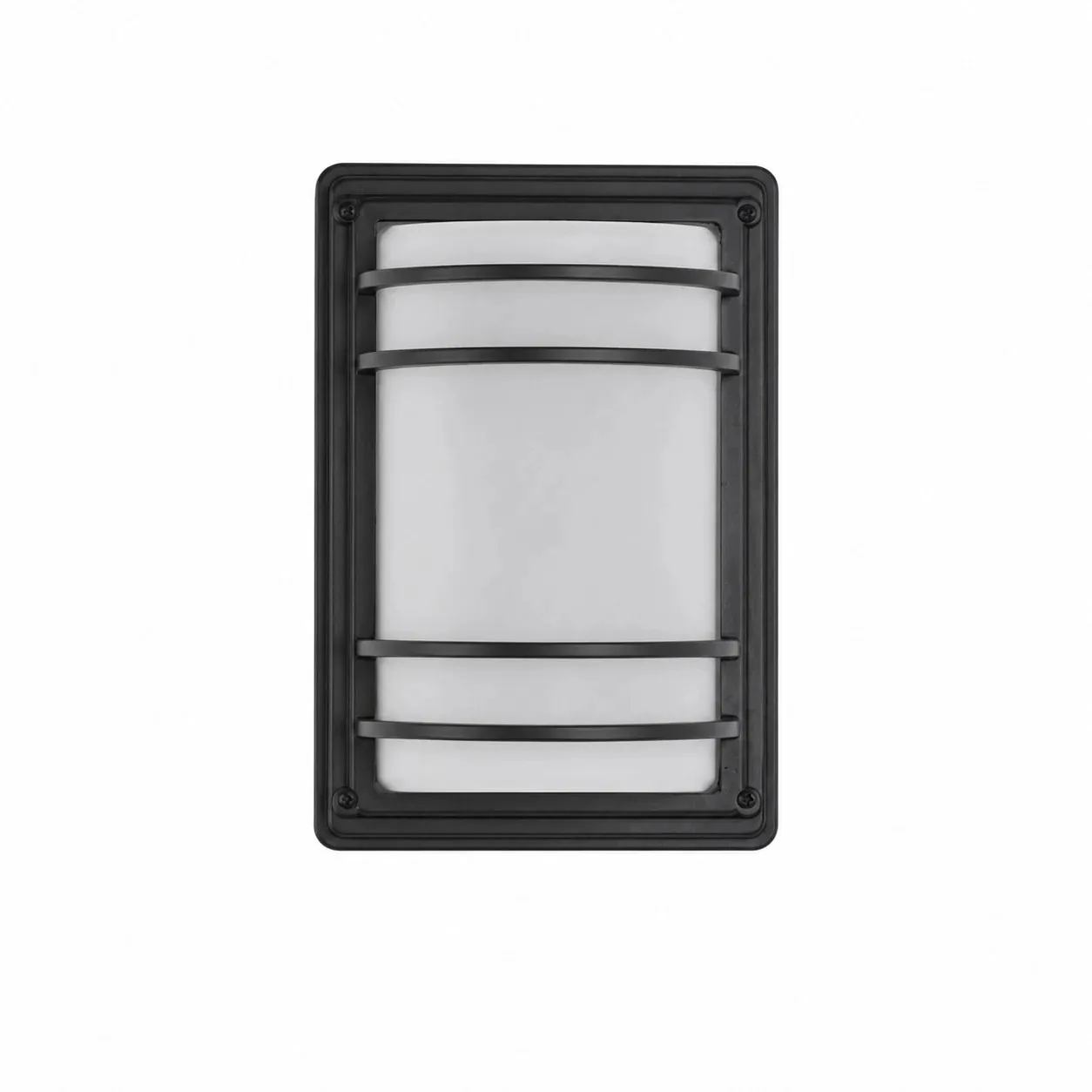 Black outdoor wall light with white glass shade turned off