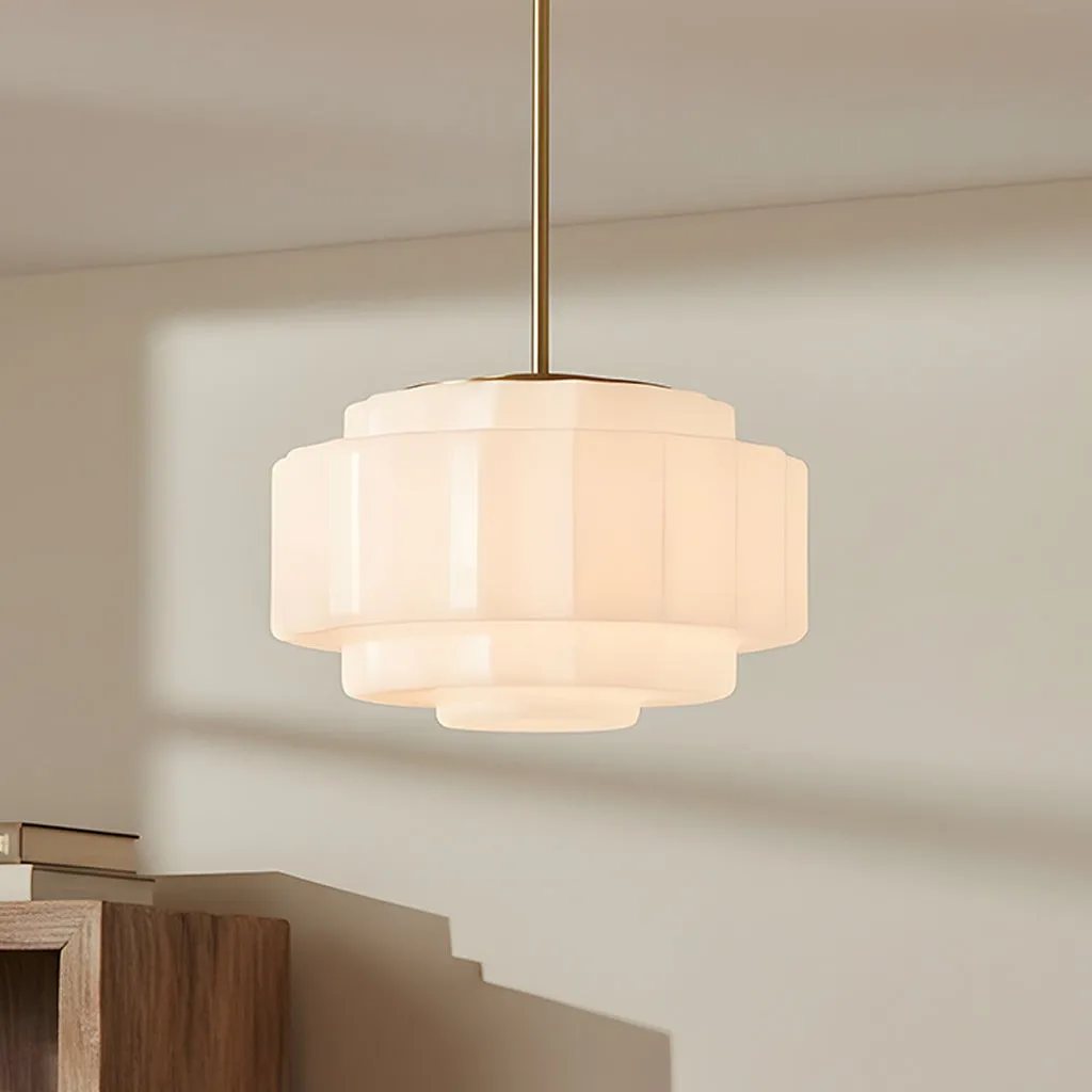 Antique Brass Tiered Opal White Glass Pendant Light
