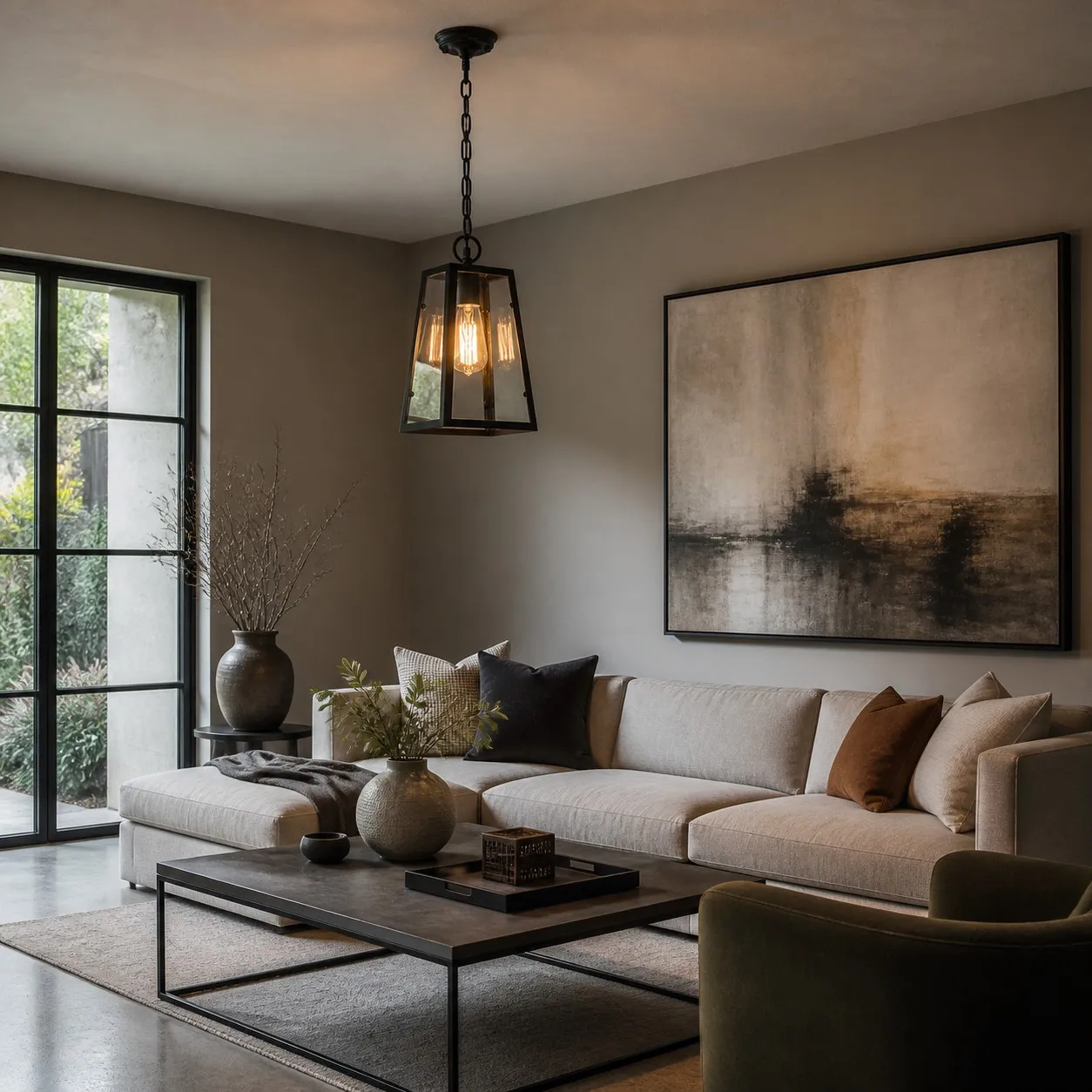 Black glass pendant light shown in a sofa lounge scene