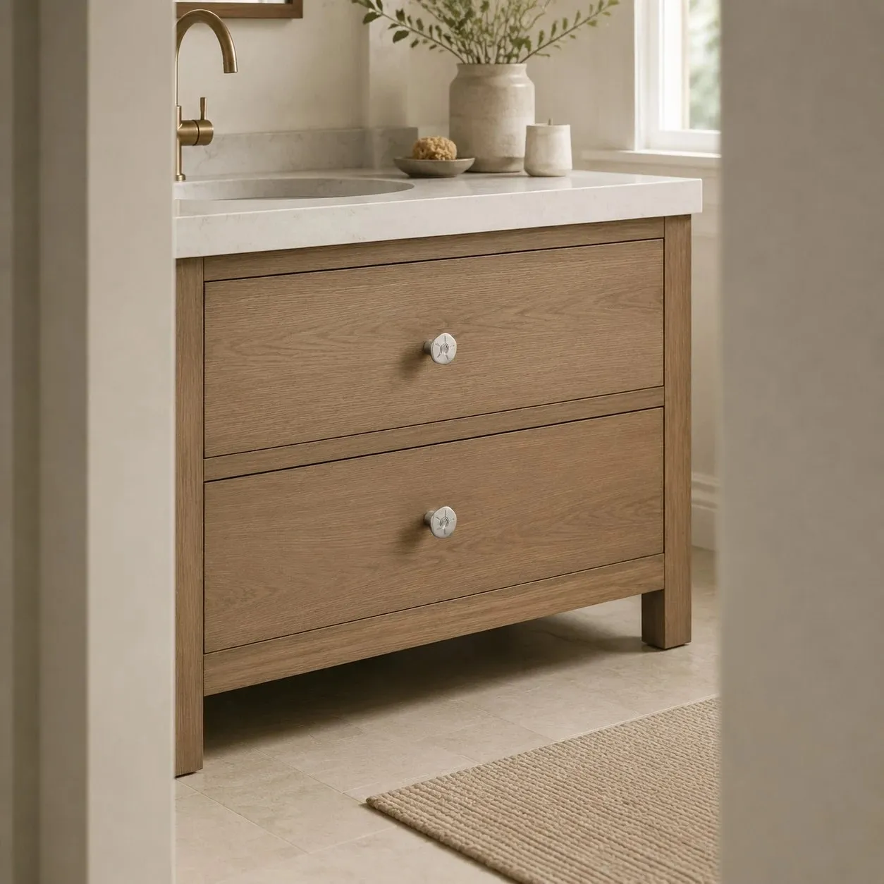 Titanium silver knobs on a natural wood vanity