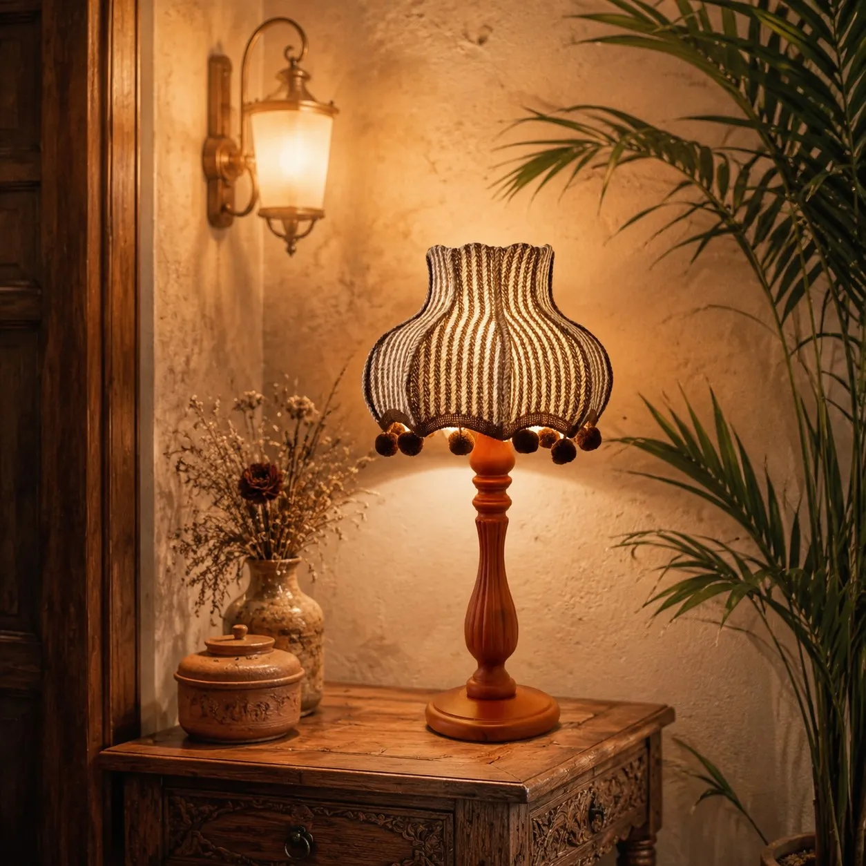 Vintage striped table lamp in a warm living room corner