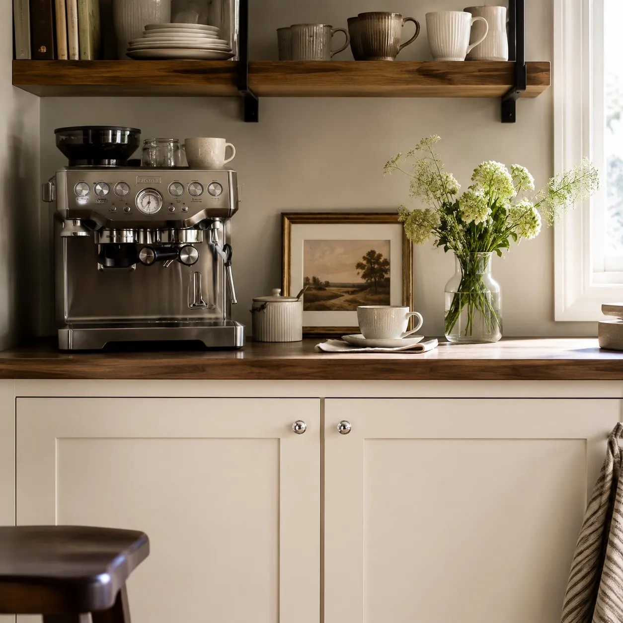 Silver gray cabinet knobs in a kitchen setting
