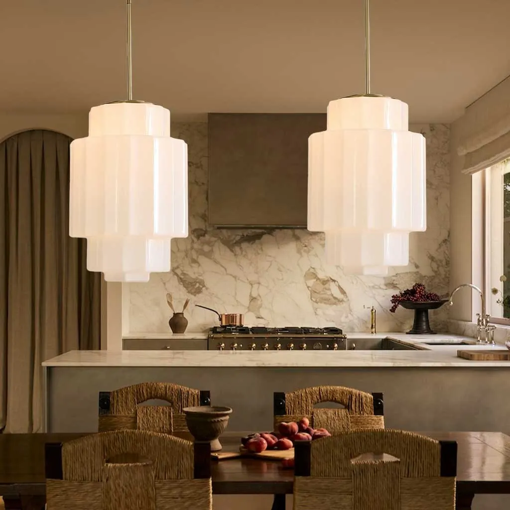 Antique Brass Tiered Opal White Glass Pendant Light