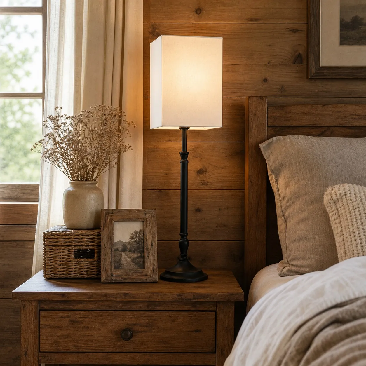 Square fabric shade table lamp on a bedside table