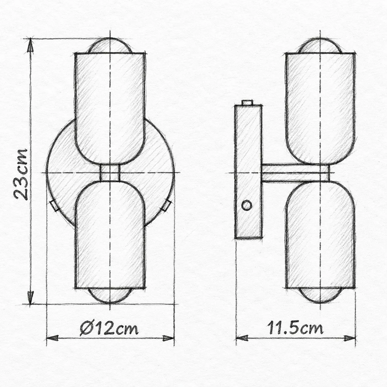Dessin face et côté : Ø12 × H23 × 11,5 cm, deux cylindres sur une plaque