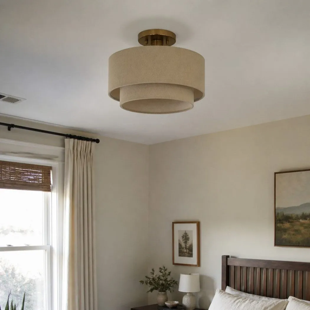 Lumeris Layered Linen Semi-Flush Mount Ceiling Light with Aged Brass Finish for Living Room