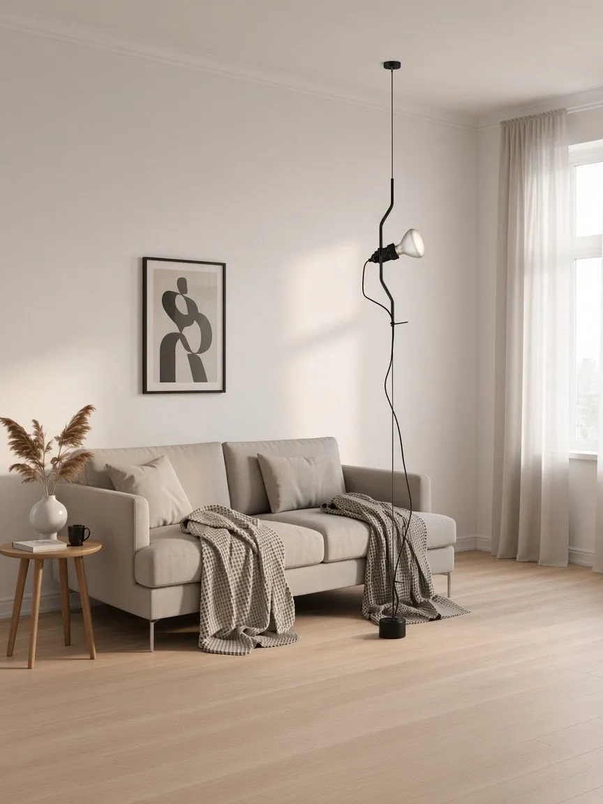 Lampadaire à câble noir dans un angle de salon près d'un canapé