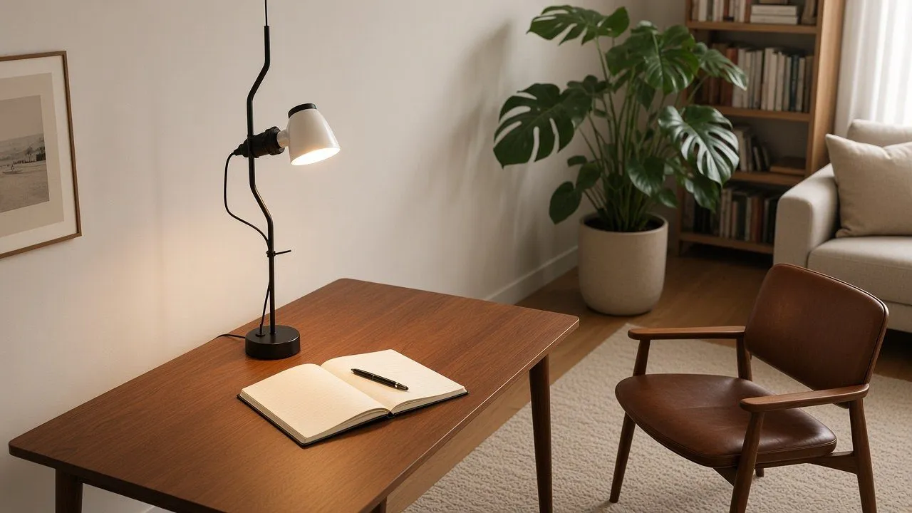 Lampadaire à câble noir dirigé vers un bureau en noyer