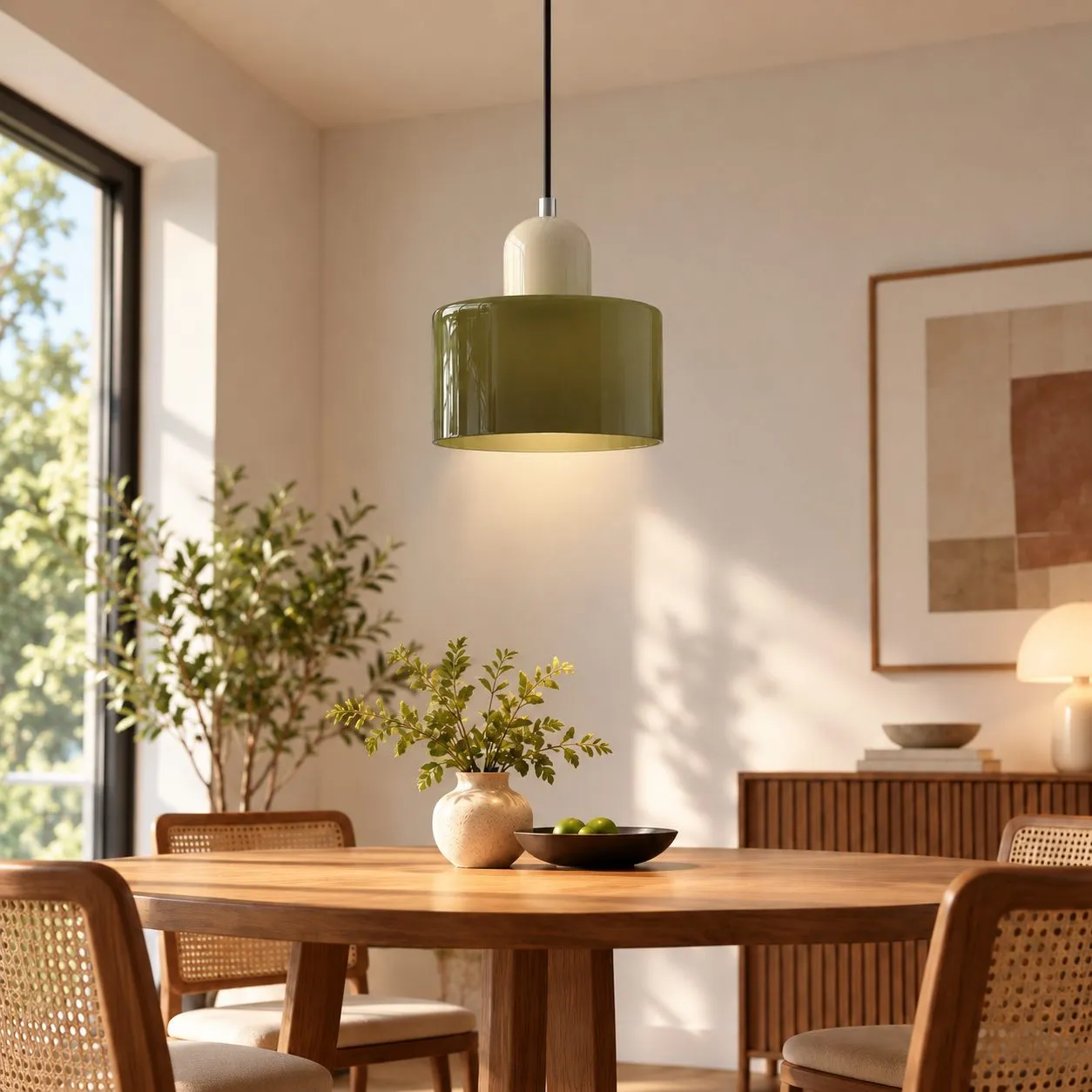 Abat-jour vert · pied beige
