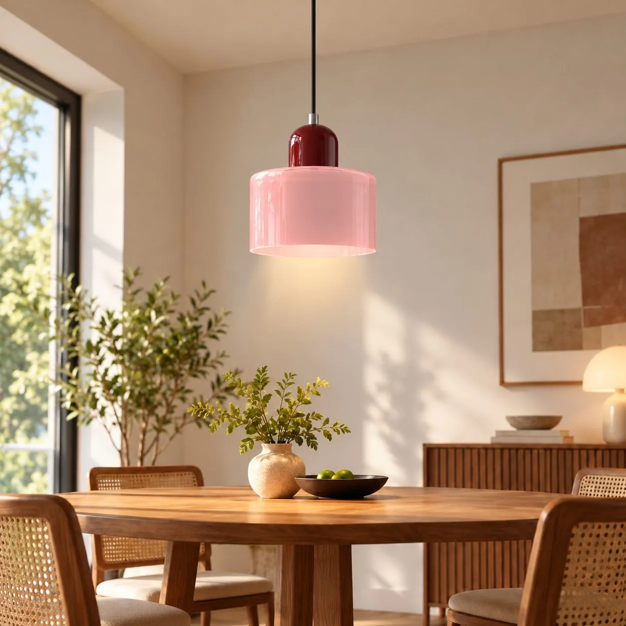 Abat-jour rose · pied rouge