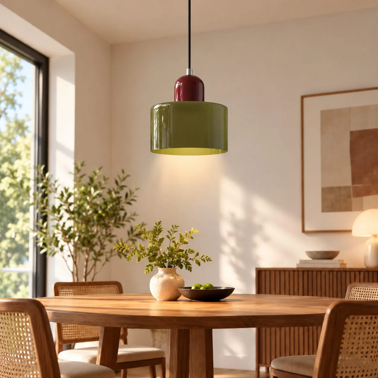 Abat-jour vert · pied rouge