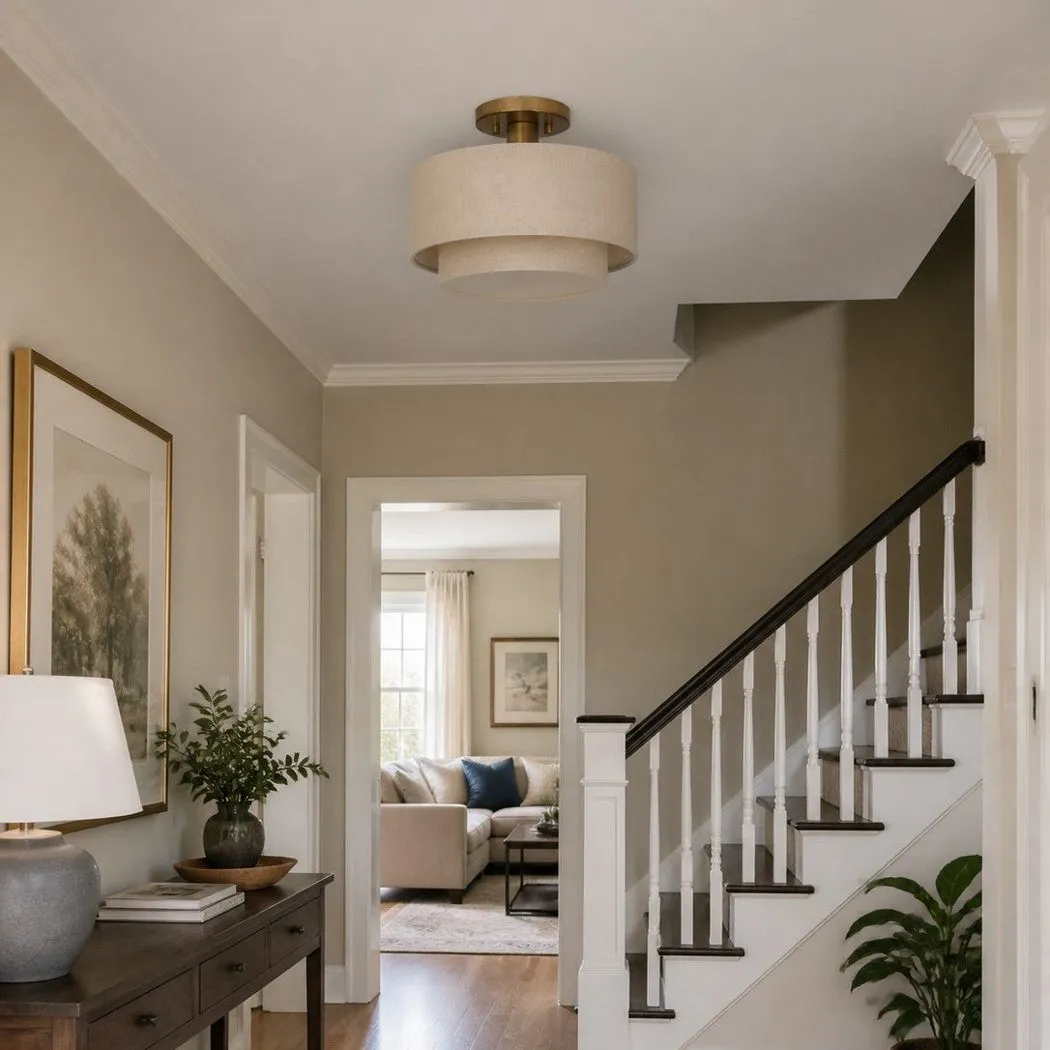 Lumeris Layered Linen Semi-Flush Mount Ceiling Light with Aged Brass Finish for Living Room