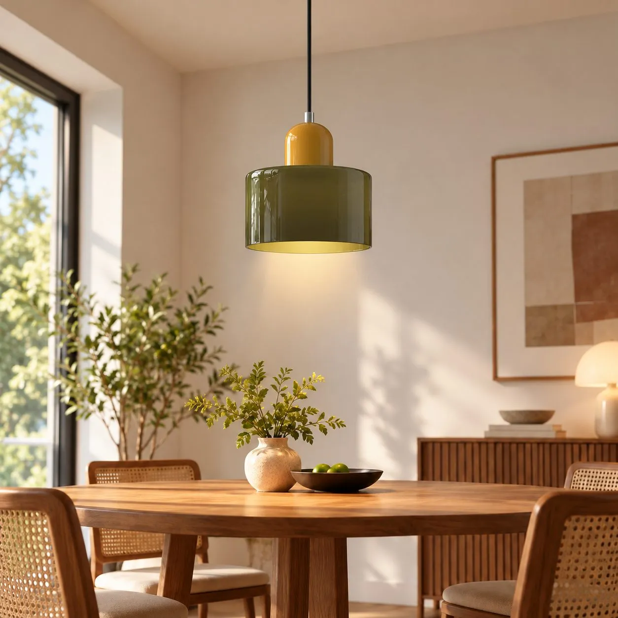 Abat-jour vert · pied jaune