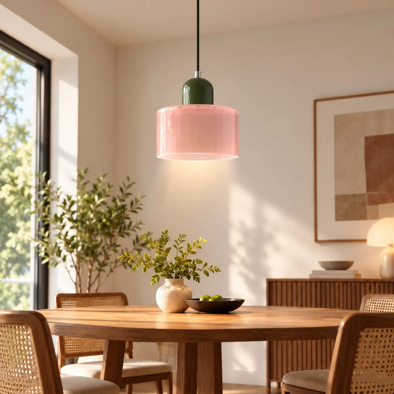 Abat-jour rose · pied vert