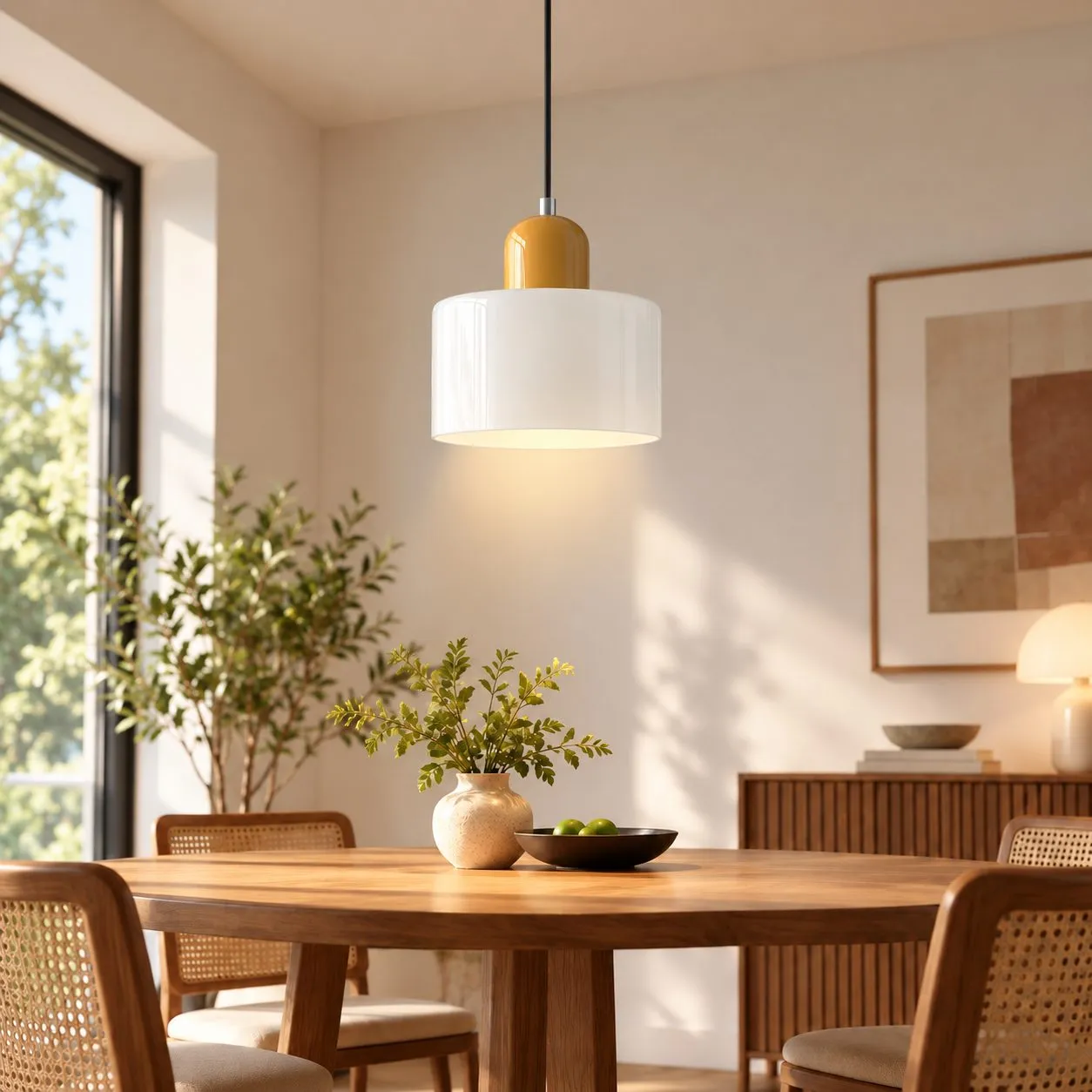 Abat-jour blanc · pied jaune