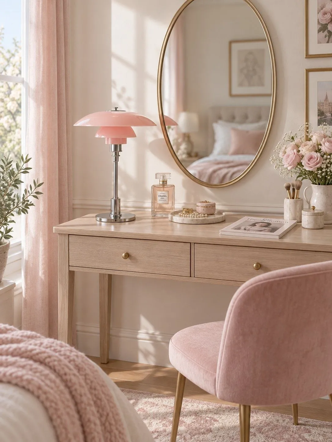 Lampe de table danoise rose argent sur une coiffeuse