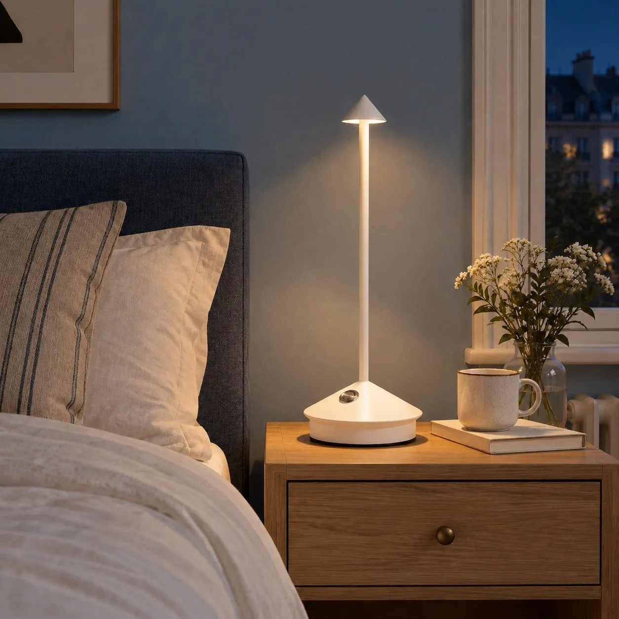 La même lampe LED rechargeable blanche allumée près d'une tête de lit bleue