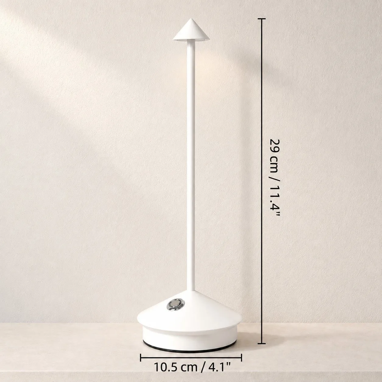 Schéma coté de la lampe LED rechargeable : hauteur 29 cm, diamètre du pied 10,5 cm