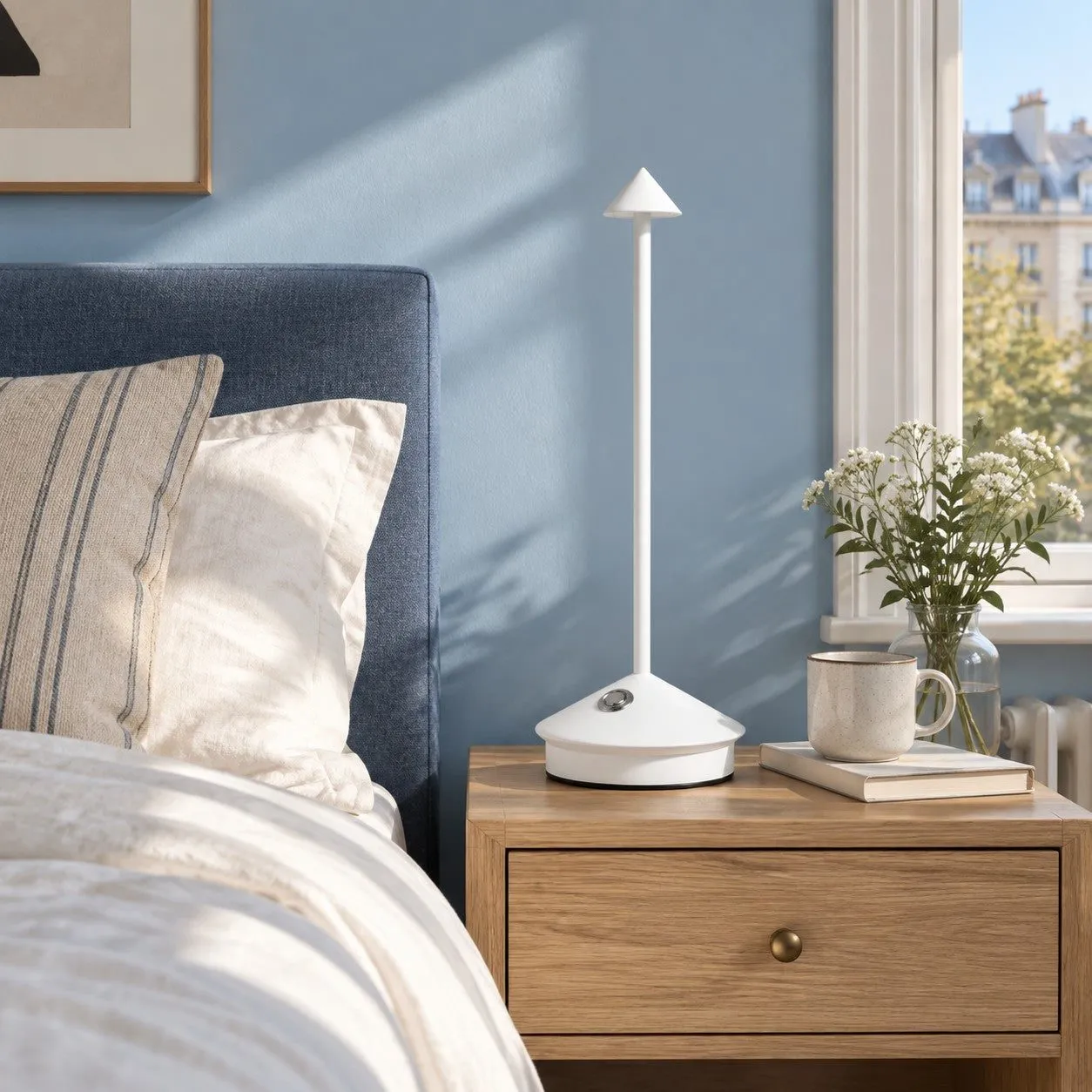 Lampe LED rechargeable blanche éteinte près d'une tête de lit bleue