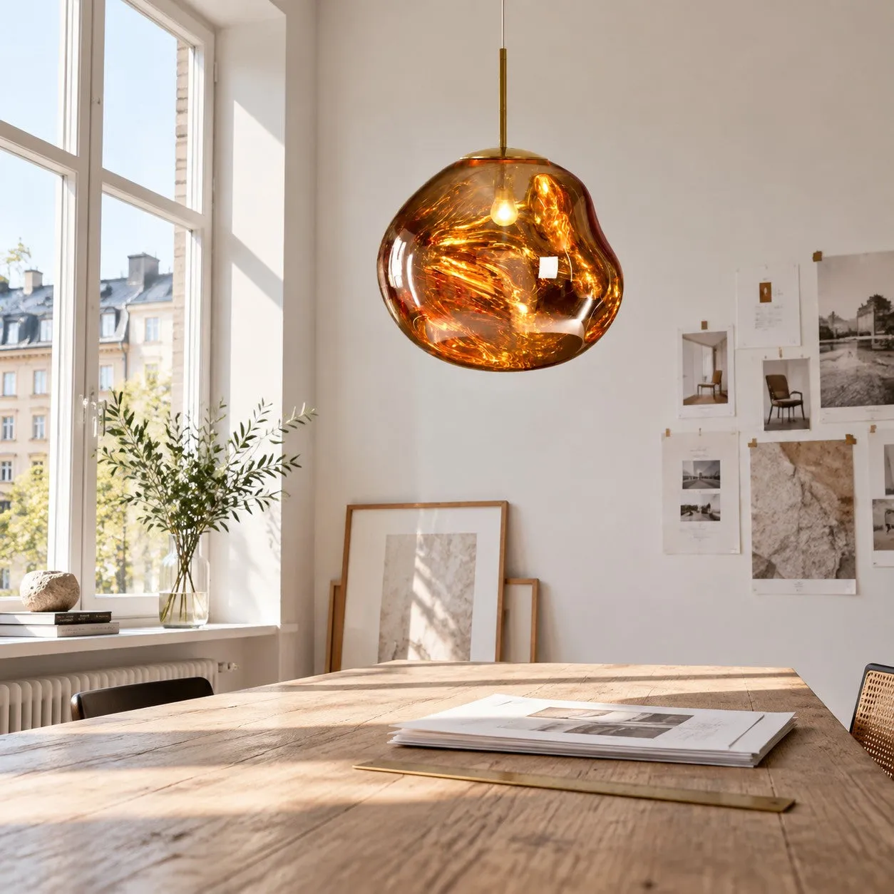 Suspension Molten Form or au-dessus d'un bureau en bois près de la fenêtre