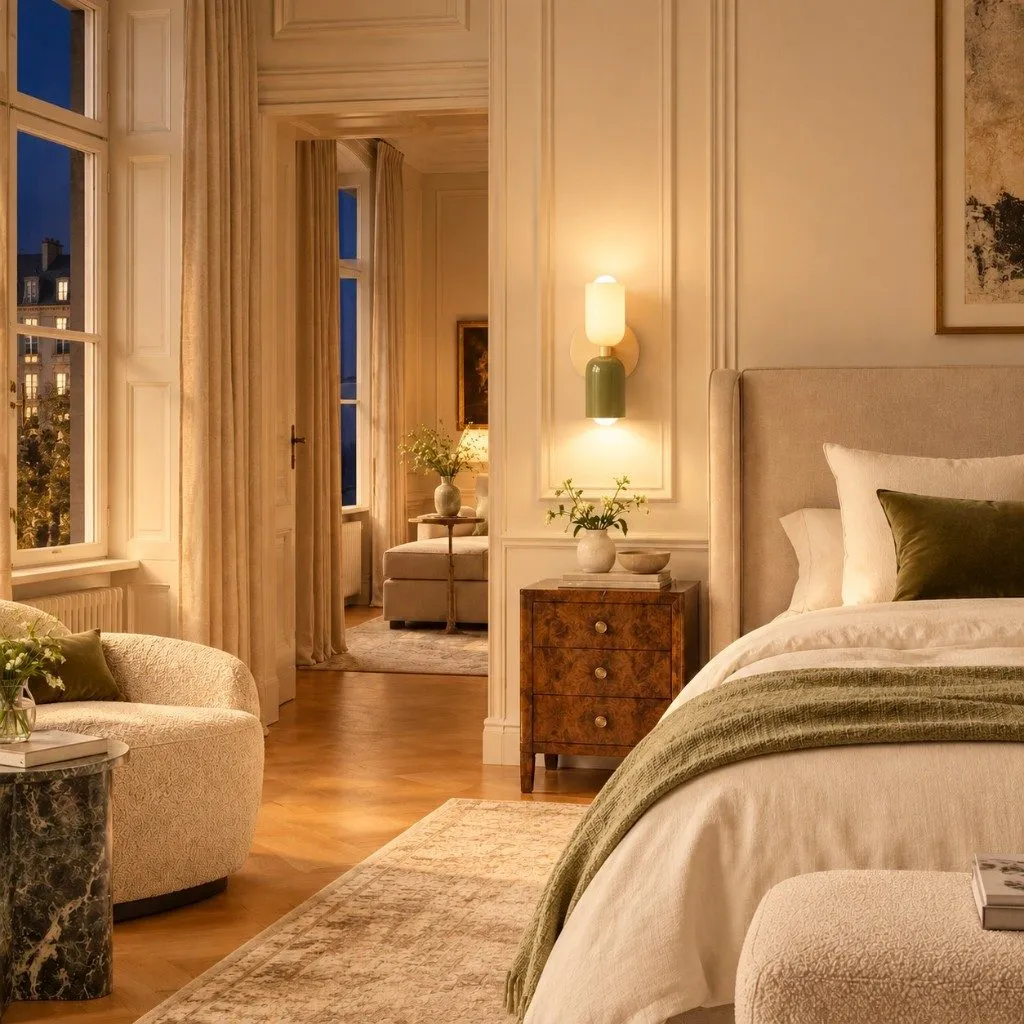 Symra vert et crème près d'un lit, allumée