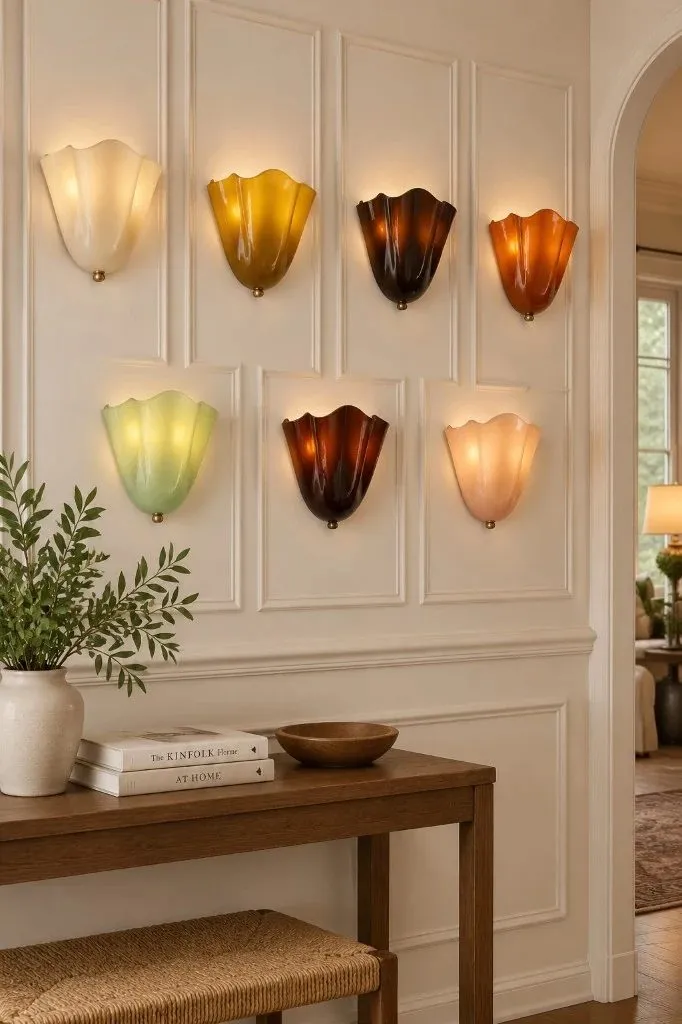 Appliques coquille verre Velora allumées au mur