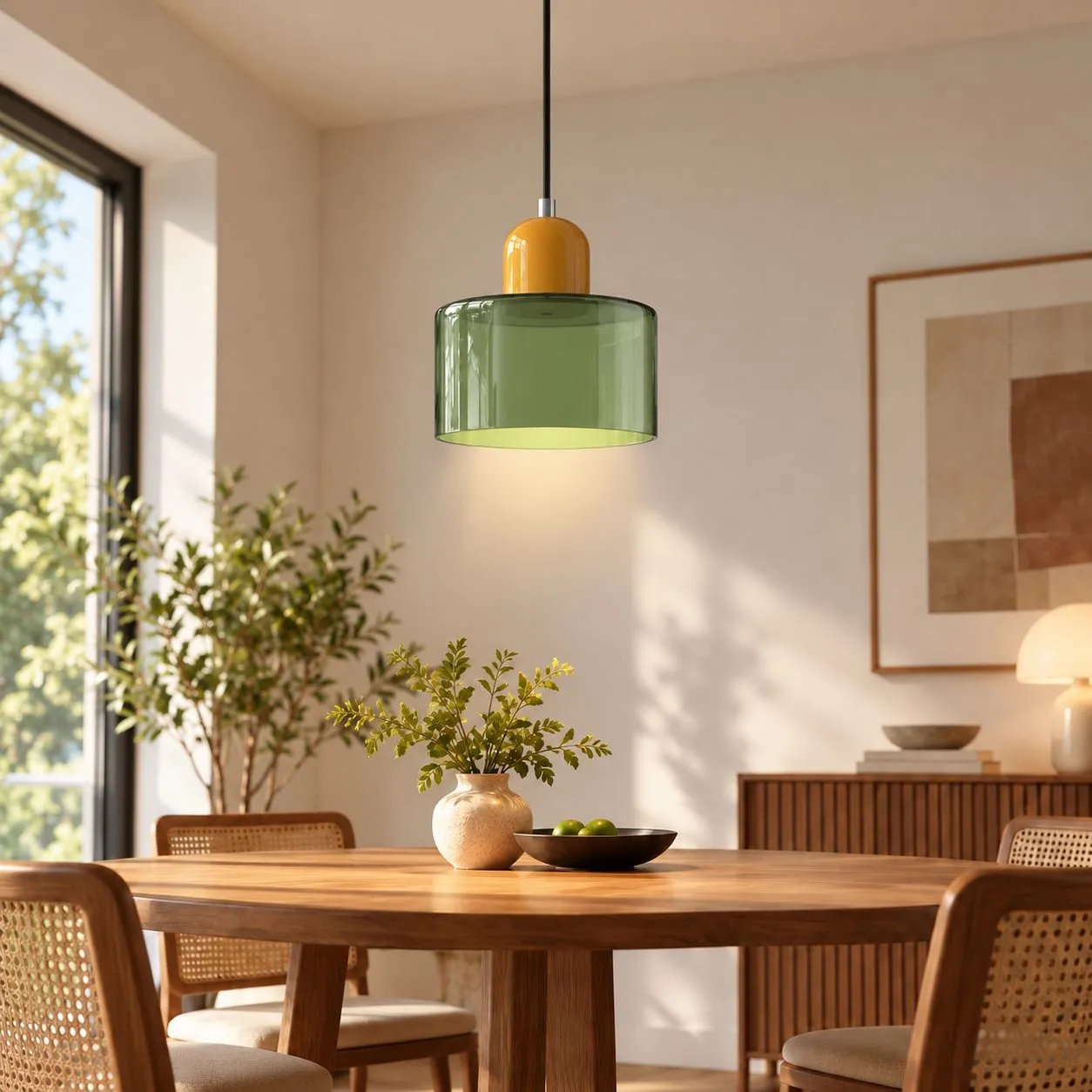 Abat-jour vert clair · pied jaune