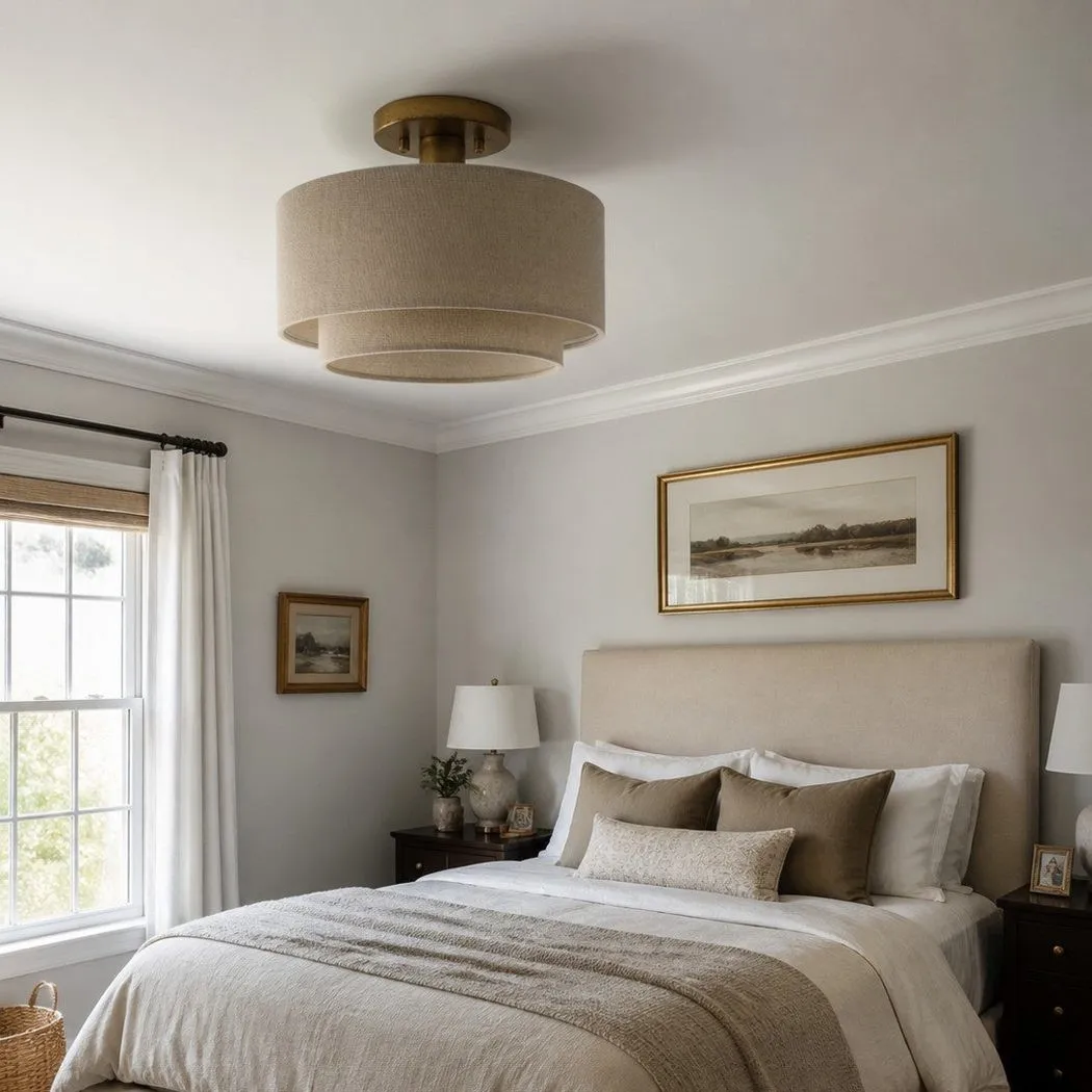 Lumeris Layered Linen Semi-Flush Mount Ceiling Light with Aged Brass Finish for Living Room