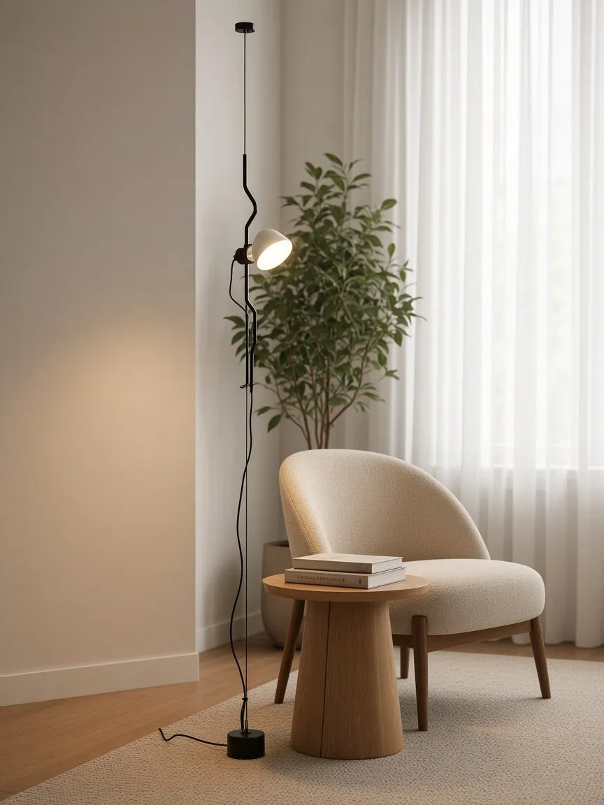 Lampadaire à câble noir dirigé vers un fauteuil de lecture