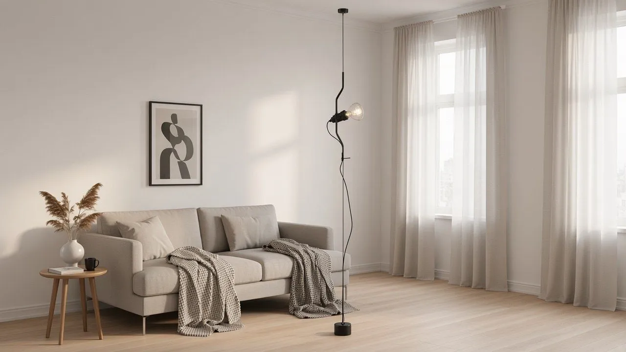 Lampadaire à câble noir du sol au plafond près d'un canapé gris clair