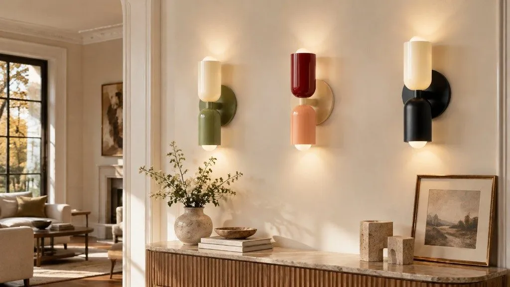Trois appliques Symra vert, rose-rouge et noir-blanc crème