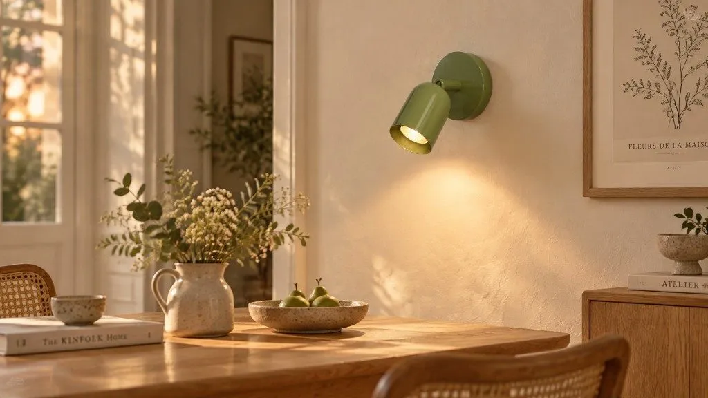 Cylindre vert filaire sur un mur de salle à manger, soleil par les portes, lampe allumée
