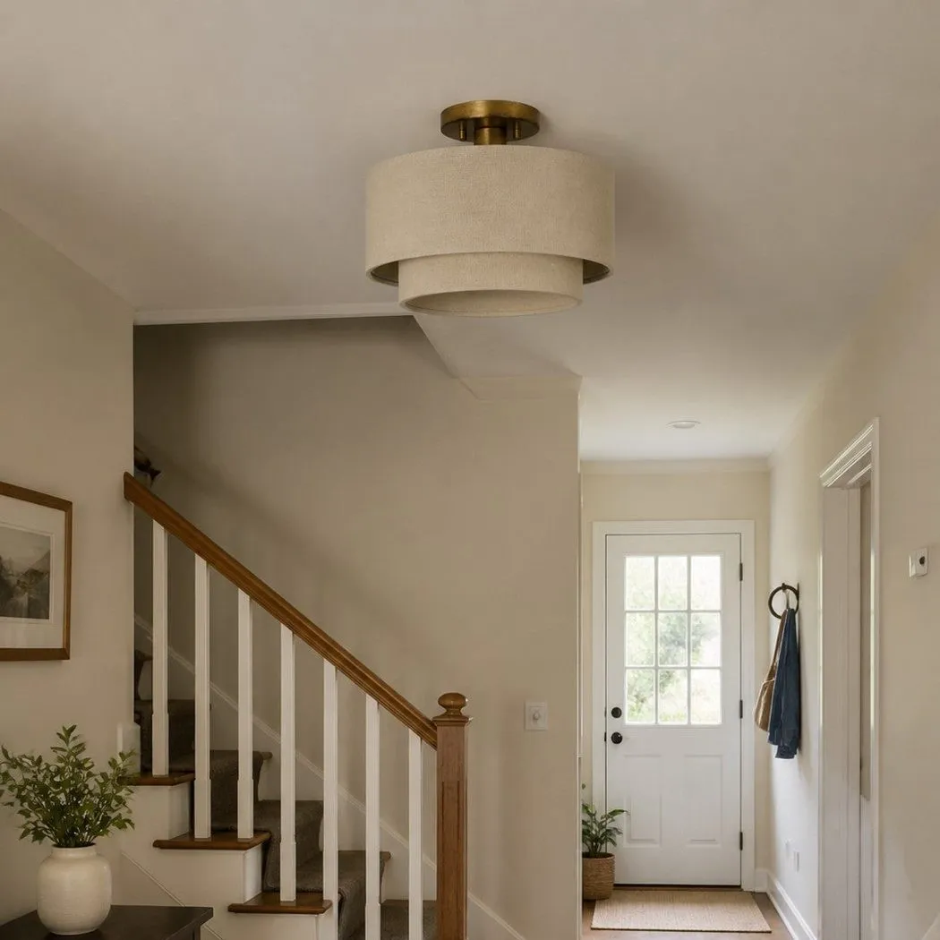 Lumeris Layered Linen Semi-Flush Mount Ceiling Light with Aged Brass Finish for Living Room