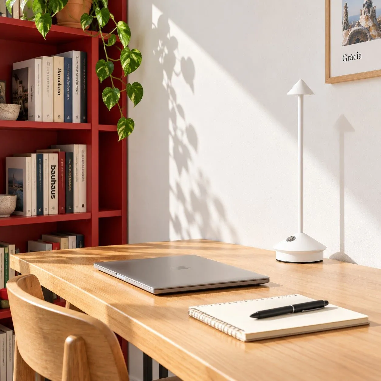 Lampe de table LED blanche sans fil sur un bureau en lumière du jour