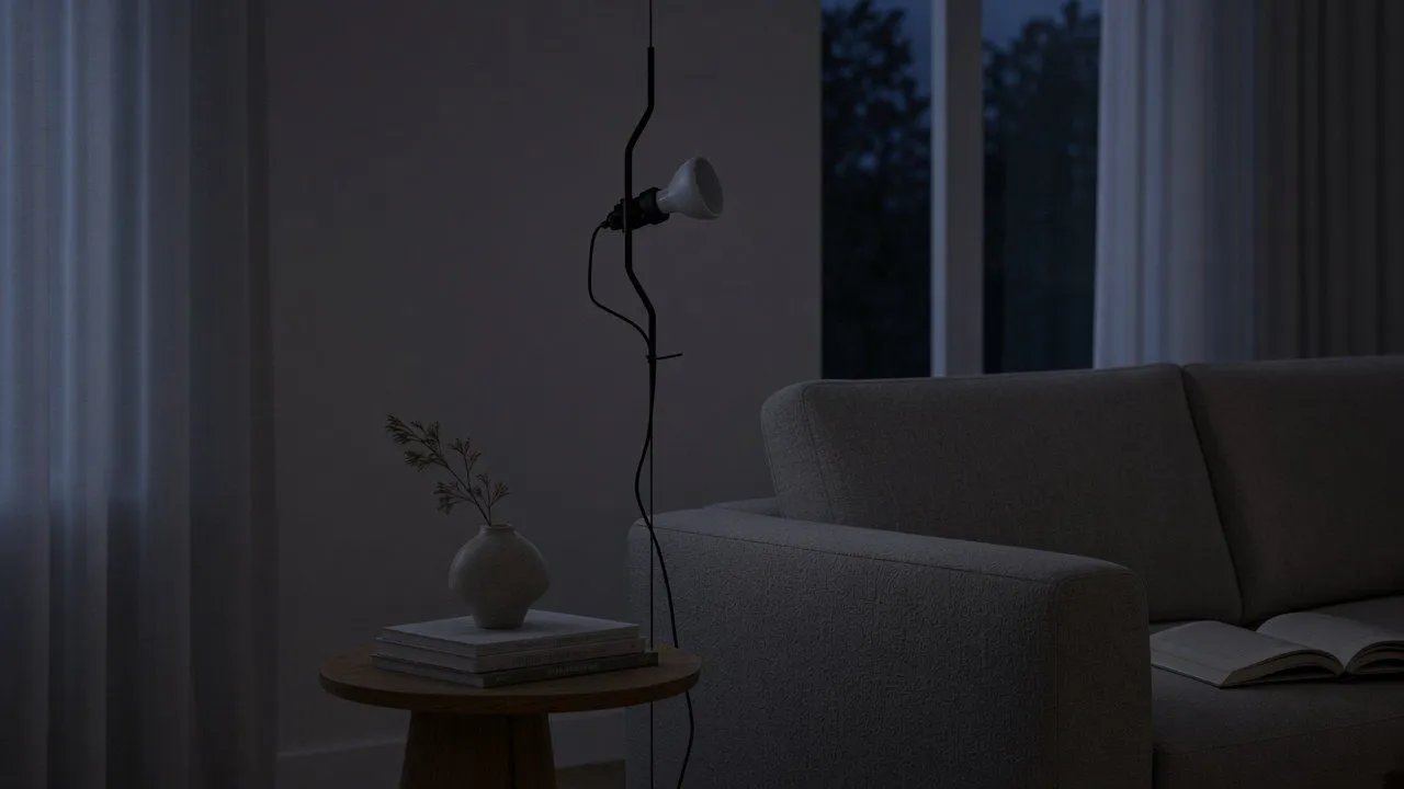 Lampadaire à câble noir éteint près d'un canapé, ampoule réflecteur éteinte