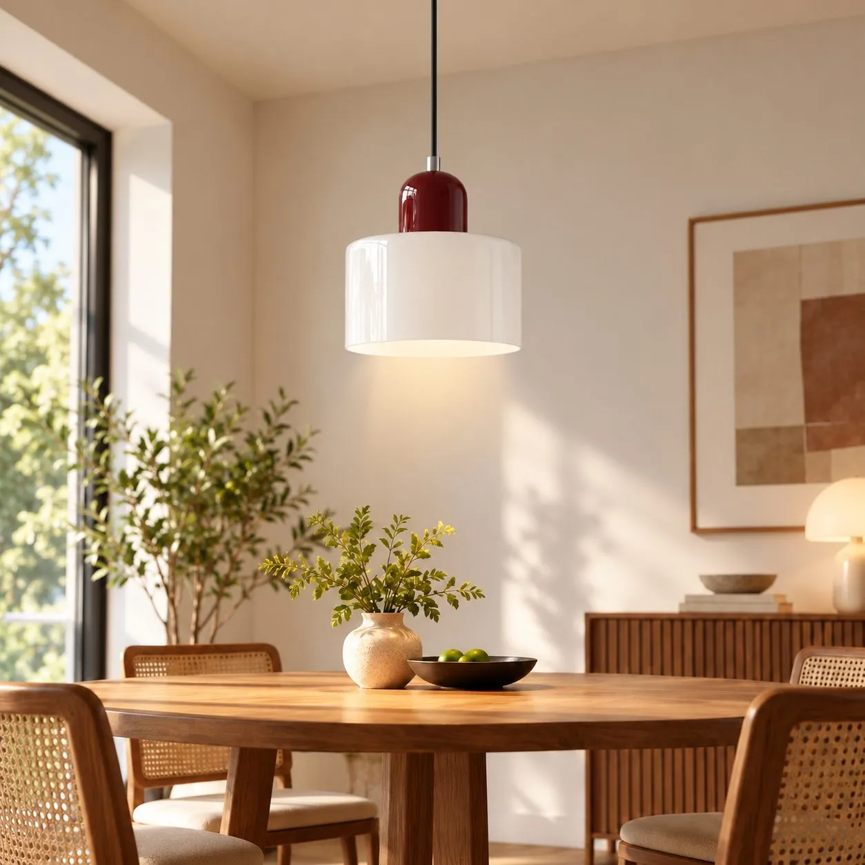 Abat-jour blanc · pied rouge
