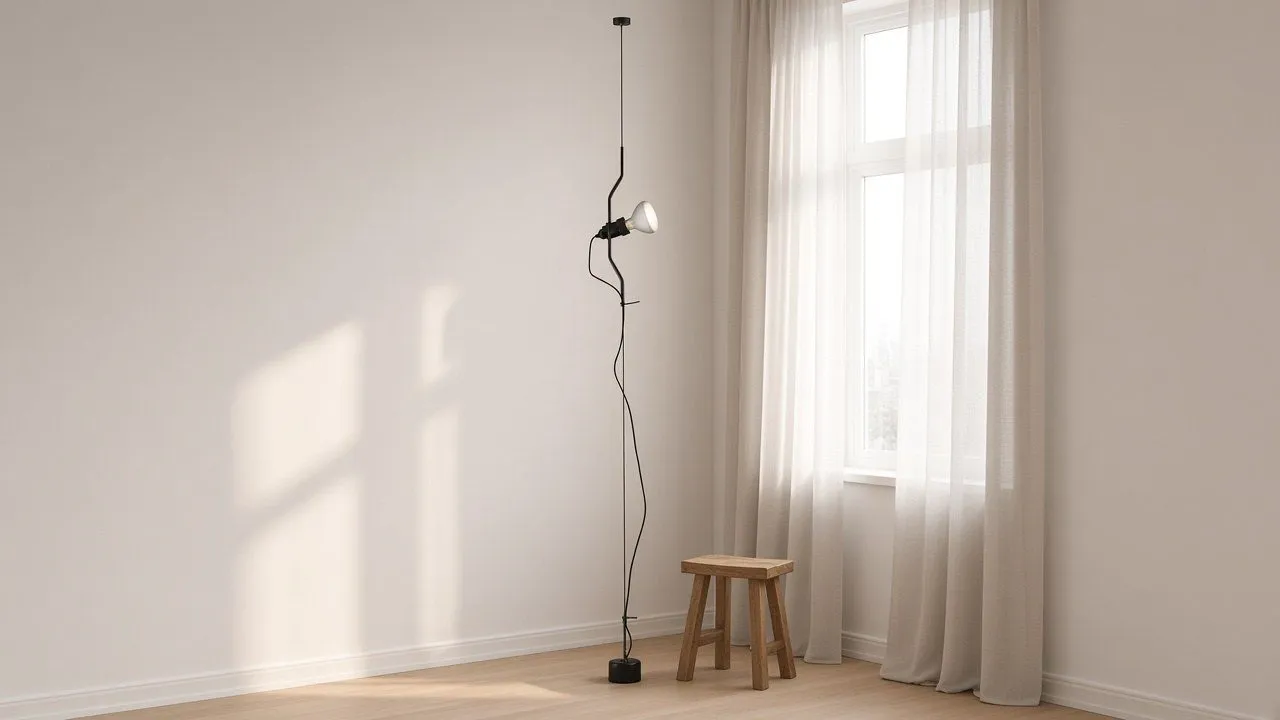 Lampadaire à câble noir près d'une fenêtre de salon