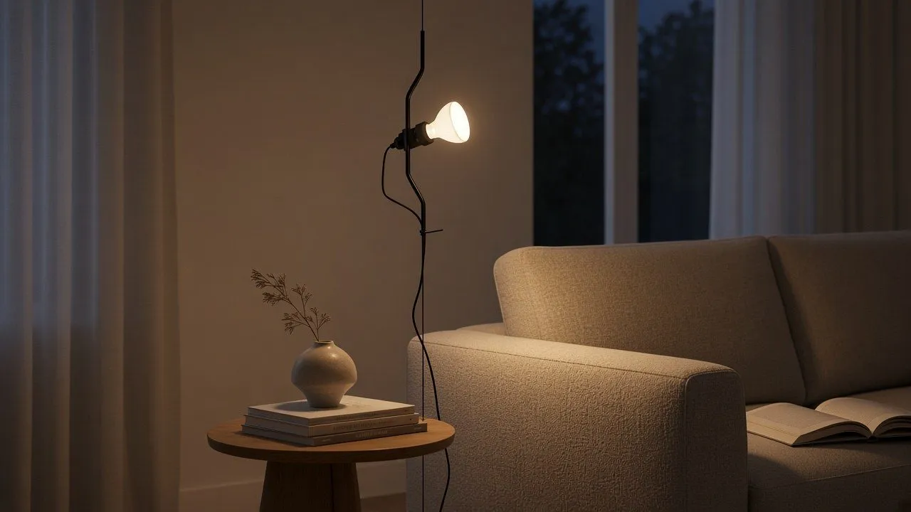Lampadaire à câble noir allumé près d'un canapé, lumière chaude de l'ampoule exposée