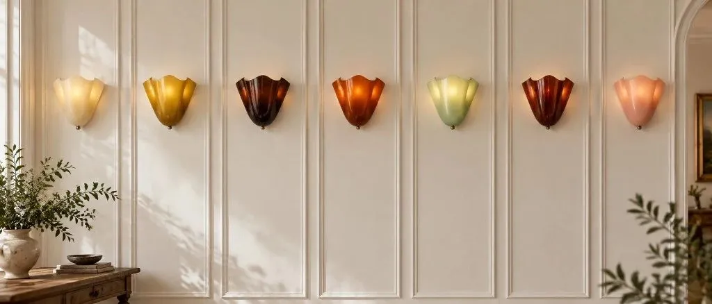 Appliques coquille verre Velora en sept couleurs, allumées en rang