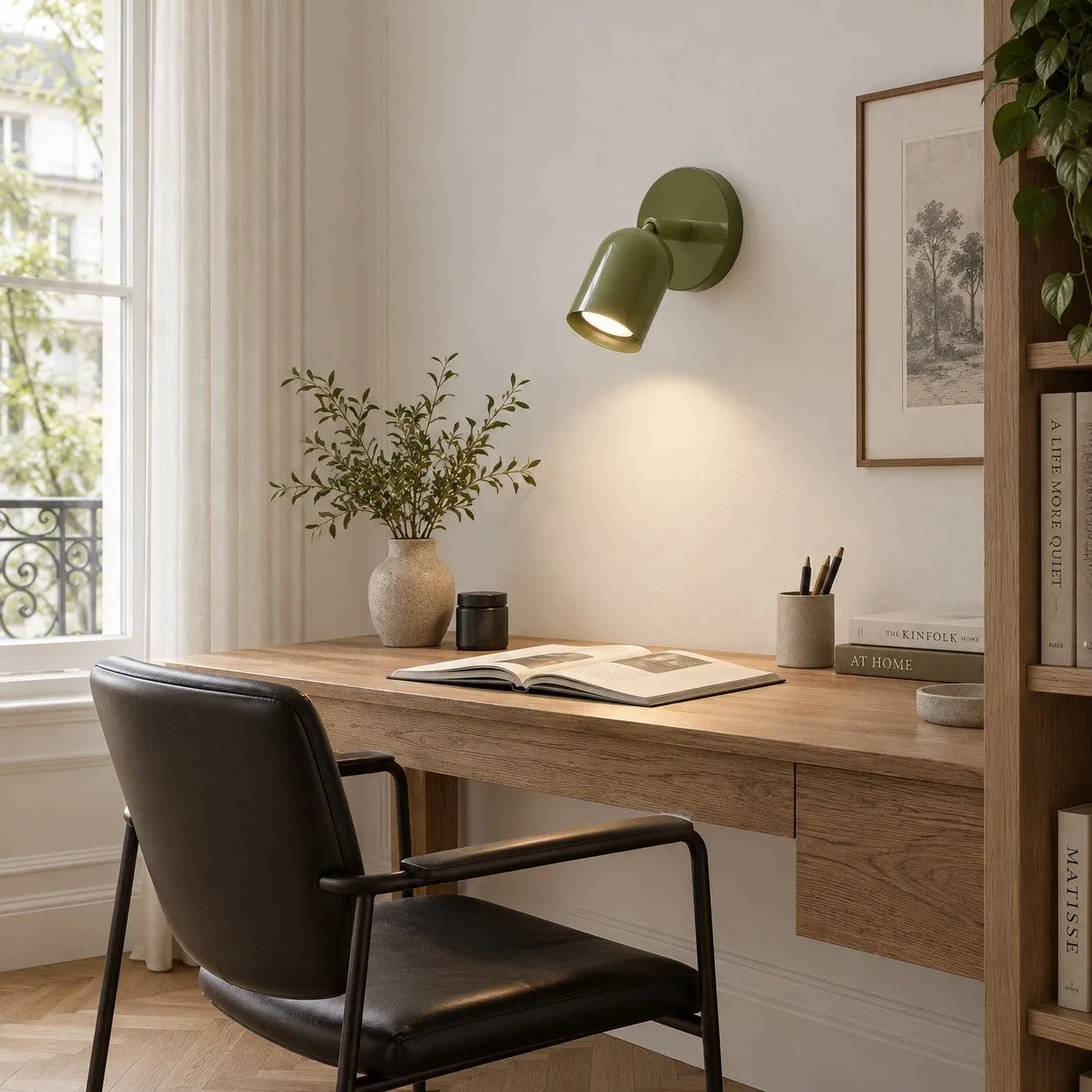 Applique verte filaire au-dessus d'un bureau
