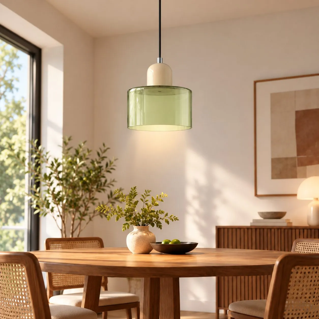 Abat-jour vert clair · pied beige