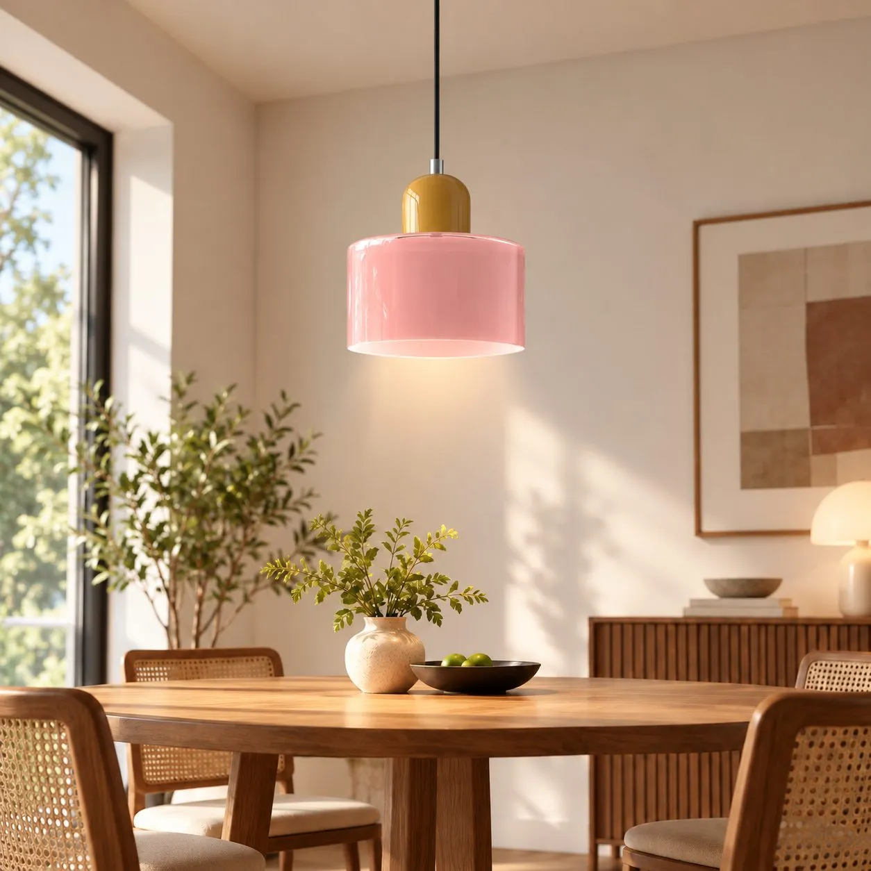 Abat-jour rose · pied jaune